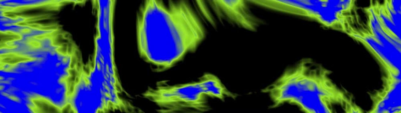 Abstract dynamic liquid motion with bright green and blue light waves flowing across dark digital space.
