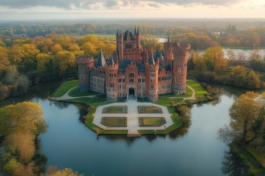 Aerial view of a red brick turreted castle on a small island surrounded by a wide moat, formal symmetrical gardens, autumn trees and reflective water beneath a soft golden sky, serene and majestic