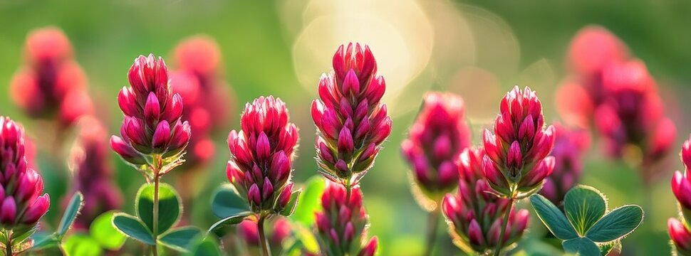 Sunlit pink clover blossoms in close-up with green leaves and warm bokeh, vibrant and uplifting springtime scene