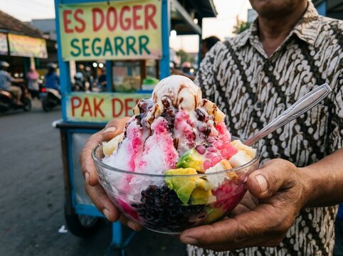 Indonesian street food vendor holding a bowl of es doger