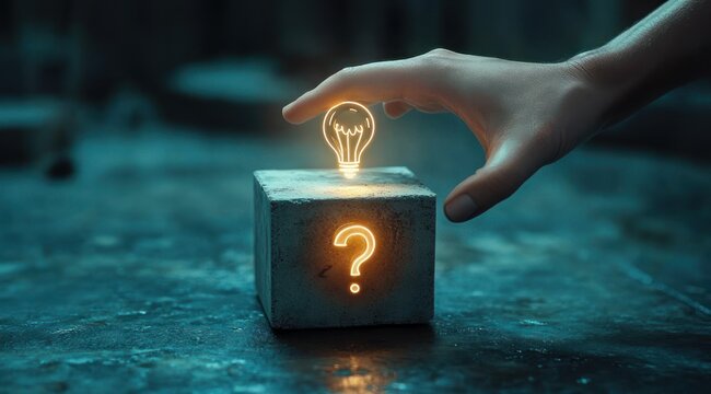 Hand reaching for glowing light bulb above a concrete block with illuminated question mark, moody blue lighting conveying curiosity and discovery