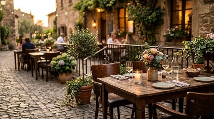 Obraz premium Charming European cafe courtyard at sunset, outdoor dining, cozy ambiance