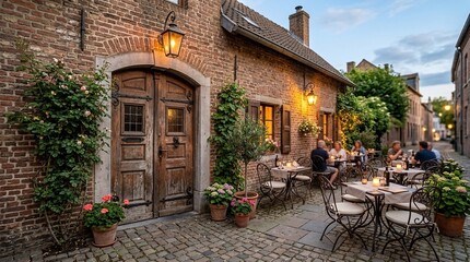 Obraz premium Charming European courtyard cafe with cobblestone patio at dusk