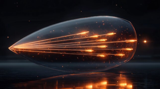 Transparent teardrop capsule with glowing orange arrows and light streaks, sparks and particles on a reflective surface evoking futuristic speed and dynamic energy