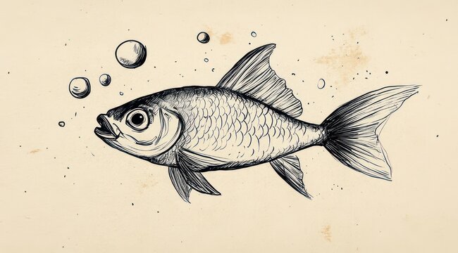 Ink sketch of a single fish with scales, fins, tail and bubbles on aged textured paper, whimsical calm vintage illustration