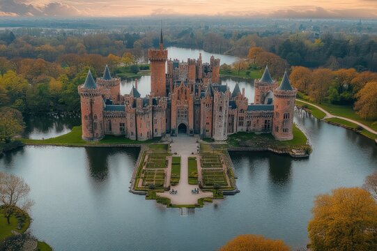 Majestic brick island castle with turrets, moat and formal gardens surrounded by autumn trees under a dramatic cloudy sky, aerial view conveying tranquility and grandeur