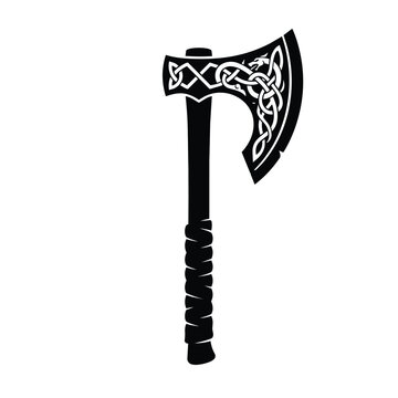 Viking battle axe with celtic knotwork, ancient nordic hatchet vector illustration, medieval warrior weapon silhouette for tattoo and logo design