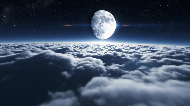 Full Moon Shining Brightly Above the Earth Clouds in the Dark Night Sky