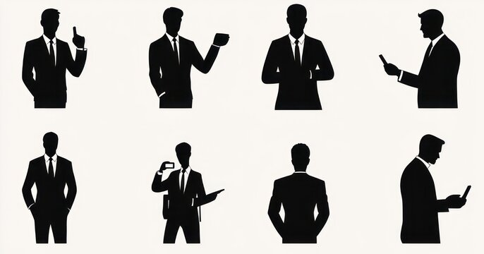 Eight anonymous black silhouettes of men in suits in various confident professional poses holding phones, a tablet, a coffee cup, gesturing and standing in a grid layout
