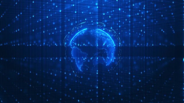 Cyber security globe grid visual with blue locks, world network depth, and glowing encryption symbols. Perfect for privacy videos, protection screens, software intros, and overlays.