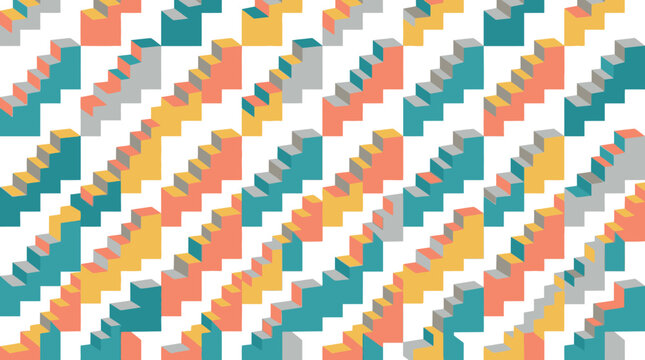 A colorful pattern of repeating isometric stairs on white background