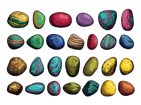 Set of colorful hand drawn pebbles. Collection of vibrant stones isolated on white background.