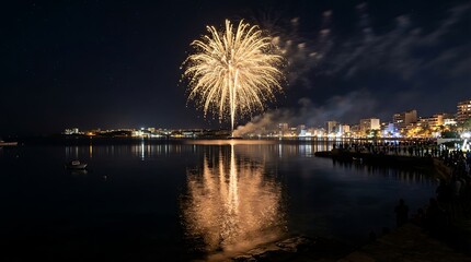 Fototapeta premium Night sky illuminated by vibrant explosion of fireworks over calm water reflection