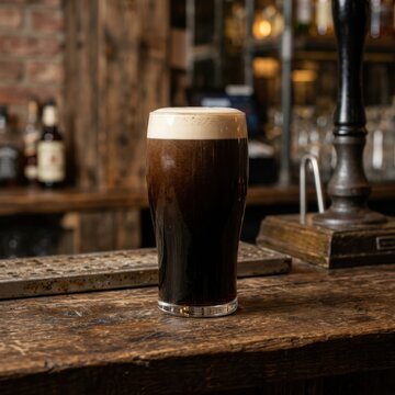 Pint of Cold Dark Stout Beer with Thick Creamy Foam Head on a Rustic Wooden Pub Counter Background
