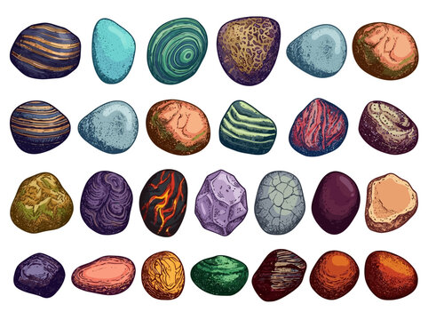 Collection of colorful gemstones and minerals. Set of various polished natural river stones.