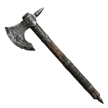 Old rusty axe head with wooden handle isolated