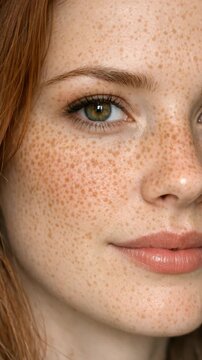 Close-up of a young woman with freckles on her face