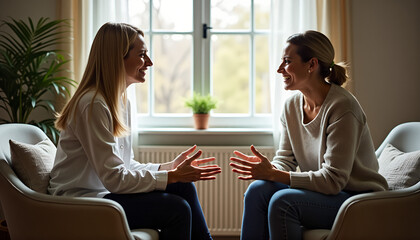 Fototapeta premium Two women conversing happily in a cozy living room setting with natural light 