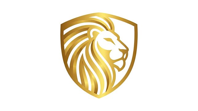 Golden lion head profile logo inside shield frame.