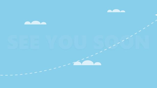 Minimalist Animation of a White Paper Plane Flying Across a Clear Blue Sky with See You Soon Text