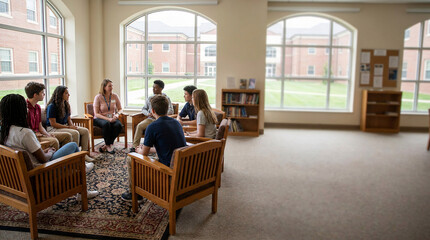 Fototapeta premium Diverse group of students and an adult engaging in a discussion in a bright spacious common room with large windows.