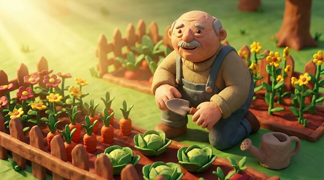 Happy Elderly Man Tending To Organic Cabbage Patch In A Sunny Garden Claymation Style
