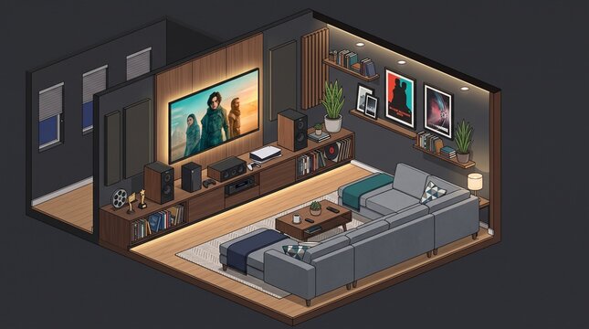 Isometric living room interior with sofa and TV set. cozy home design element. modern apartment furniture vector illustration