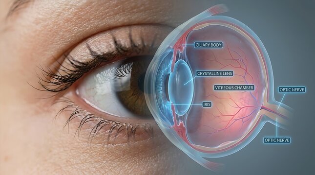 Medical illustration of human eye anatomy with digital overlays, ophthalmology