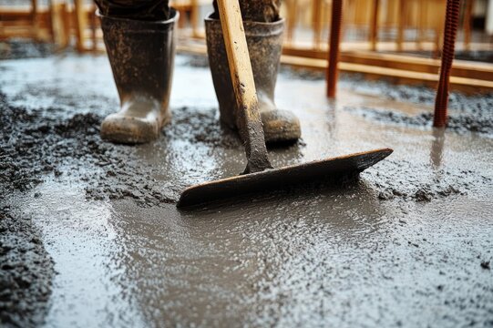 construction worker smoothing wet concrete with a hand float, muddy rubber boots on fresh slab amid wooden formwork and metal rods, focused industrious effort