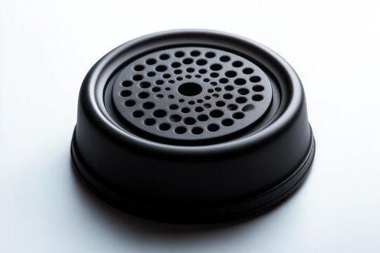 sleek black perforated circular speaker grill with concentric rings and many holes resting on a white surface with soft shadow, minimalist calm