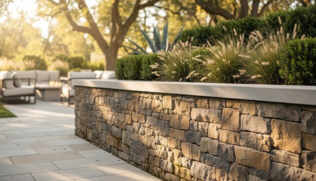 Contemporary garden wall constructed from textured stone blocks with a smooth concrete cap near a luxury patio