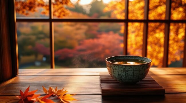 Steaming ceramic cup of tea on a wooden table by a window with scattered maple leaves and a golden autumn landscape outside, evoking a cozy tranquil morning