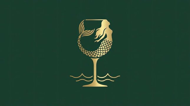 Golden mermaid wine glass silhouette logo on green background.