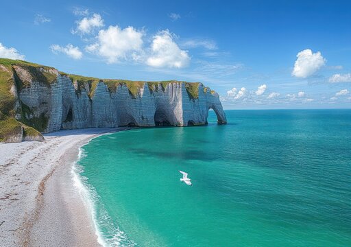 serene coastal scene with white chalk cliffs and natural arch, turquoise sea meeting pebble beach, lone seagull in flight under bright blue sky