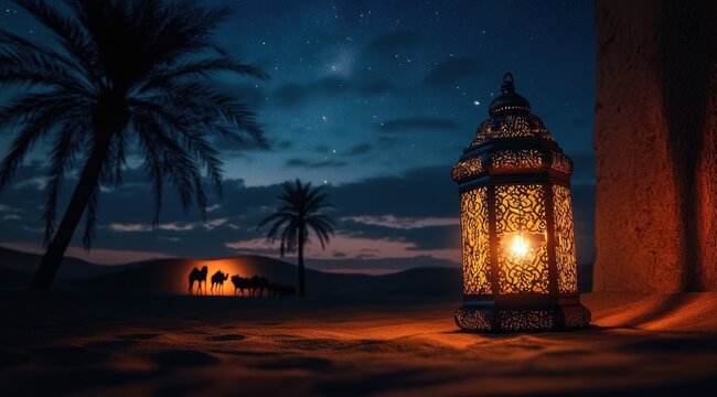 Ornate glowing lantern casting patterned light on sand beside a wall, silhouetted palm trees and a camel caravan traversing desert dunes under a starry twilight sky, serene and mystical