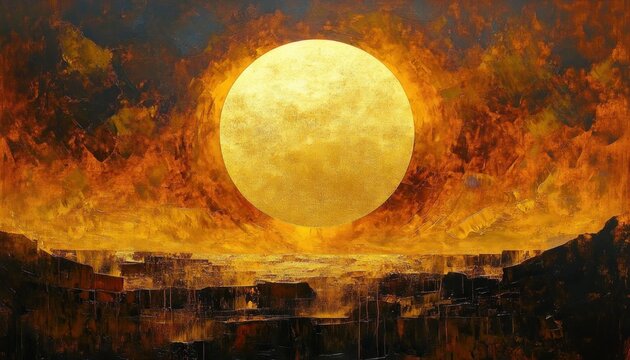 golden sun disc over fiery orange sky above dark textured rocky horizon, dramatic glowing sunset evoking awe