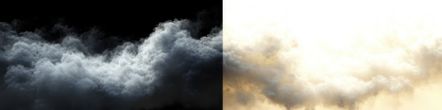 Split scene of billowing clouds, left side dark and brooding, right side bright golden and glowing, contrasting moods of ominous tension and hopeful light