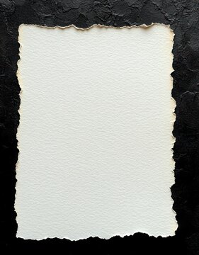 Blank textured white paper with burnt uneven edges on dark cracked background, vintage and mysterious mood