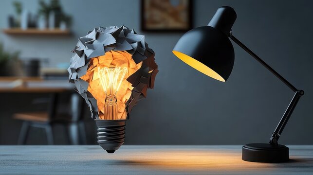floating glowing filament light bulb wrapped in folded paper shell beside angled black desk lamp on wooden table, warm inventive mood