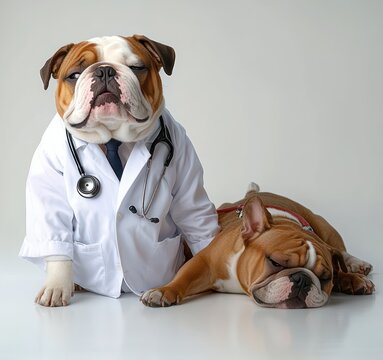 stoic bulldog in a white lab coat and stethoscope sitting beside a sleepy bulldog lying down, calm and playful veterinary care scene