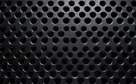 Close-up of black perforated metal surface with circular holes, textured industrial pattern and moody lighting