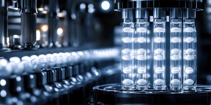sterile pharmaceutical production line with illuminated glass tubes of pills in a stainless steel filling machine conveying clinical precision and high-tech efficiency