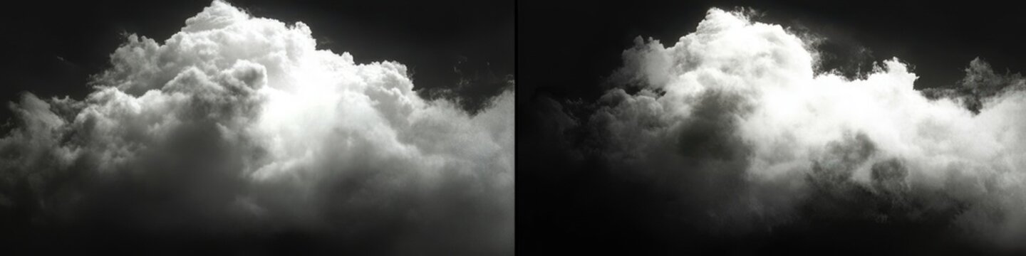 Two dramatic black and white billowing cloud formations over a dark sky in a split diptych, moody and ominous atmosphere