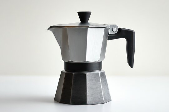 silver stovetop espresso maker with black handle and knob on white tabletop, octagonal metal body in minimalist still life conveying calm morning and simple coffee ritual
