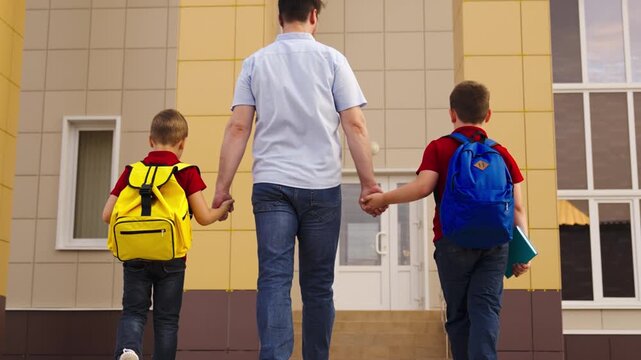 Education begins today, Family&rsquo;s academic journey, Boy siblings with dad, Backpacks filled for the day, Love guides learning, New school routine, Morning walk happiness, Learning together as family