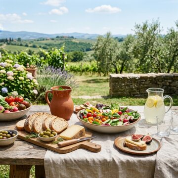 Healthy Mediterranean Lunch Served Outdoors on a Rustic Table with Scenic Tuscan Vineyard Background
