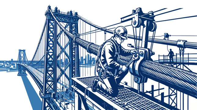Industrial bridge construction worker vector illustration, civil engineer performing maintenance on suspension cables, blue monochrome technical drawing