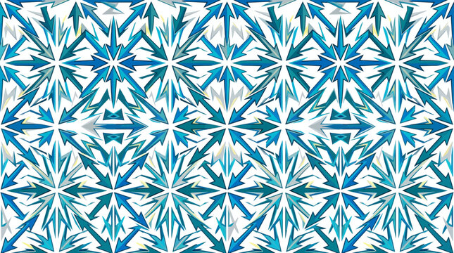 A vibrant blue geometric pattern features repeating arrow shapes