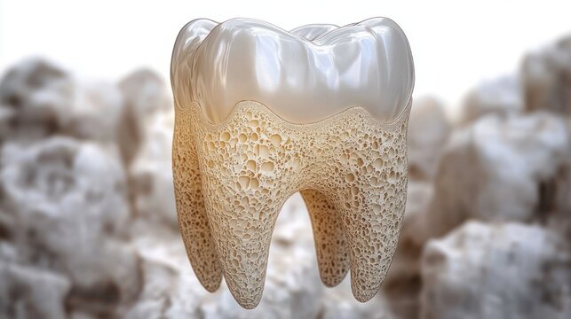 floating detailed molar showing glossy enamel cap and spongy porous dentin cross-section, clinical scientific close-up evoking curiosity
