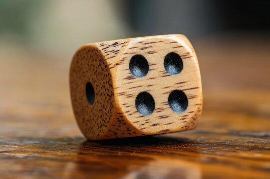 Close-up of a wooden die showing the face with four pips and a single pip on its end, textured wood grain on a polished table with warm, nostalgic lighting